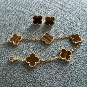 Alhambra Gold Clover Bracelet and Earrings Set tiger eye